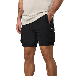 Mens Black Solid Knitted Breathable <b>Cargo</b> <b>Shorts</b> Cotton Blend Athletic Gym Casual Training Utility Multi Pocket Drawstring - Product Image 1