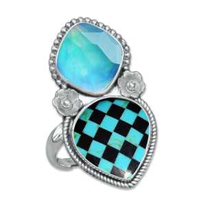 Wholesale Aurora Opal Checkerboard <b>Turquoise</b> <b>Rings</b> Adjustable 925 Sterling Silver Handmade Statement Design At Best Price - Product Image 3