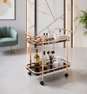 Chariot de bar moderne en cuivre avec 2 étagères en verre et 4 roulettes pivotantes pour hôtel, cuisine, usage domestique - Product Image 2