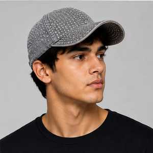 Casquette unisexe grise en toile de coton respirante et imperméable, à 6 panneaux, avec strass, réglable et à fermeture snapback, pour le sport et les loisirs - Product Image 4