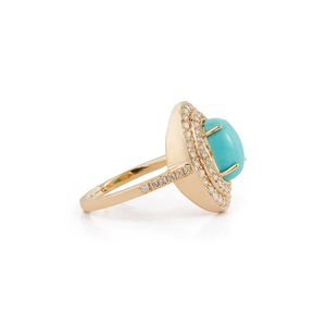 Trendy Handmade Design Cabochon Cut <b>Turquoise</b> & Diamond Double Cluster <b>Ring</b> For Wedding December Birthstone 14K Yellow Gold - Product Image 5