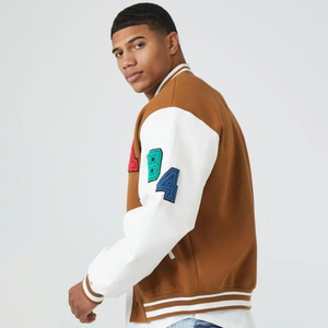 Men's Brown White With Embroidered Letter Patch Preppy Style Regular <b>Fit</b> Turn-down Collar Button Closure Varsity <b>Jacket</b> For Sale - Product Image 4