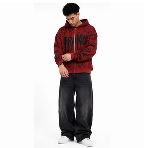 <b>Red</b> Oversized Zip-Up Hoodie <b>Men</b> Streetwear Printed Graffiti Style Breathable Knitted Hooded <b>Sweatshirt</b> Autumn Fashion Hoodie - Product Image 4