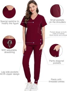 Unisex Denim Medical <b>Scrubs</b> Set V Neck <b>Scrub</b> <b>Top</b> Elastic Waist Nursing Uniform Hospital Suit Pockets Polyester Cotton - Product Image 6