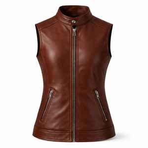 Chaleco de Piel de Cordero para Mujer, Estilo Motero, Cierre de Botones, Chaqueta de Motocicleta, Prenda Exterior de Cuero Genuino, Elegante y Clásica - Product Image 1