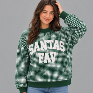 Adults Gingham Plaid Mockneck Sweatshirt Santa's Fav Print Oversized Winter Holiday <b>Sweater</b> Knitted Regular Fit Plus Size Tops - Product Image 1
