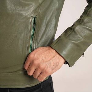 men's black quilted <b>leather</b> bomber <b>jacket</b> with <b>brown</b> Men's Green Cafe Racer Biker <b>Leather</b> <b>Jacket</b> - Product Image 3