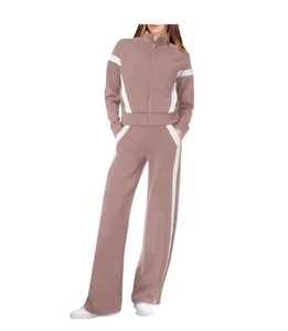 Ensemble de survêtement blanc pour femme, manches longues, fermeture éclair, col montant, blocs de couleur, poches latérales, respirant, décontracté, pour le printemps - Product Image 3