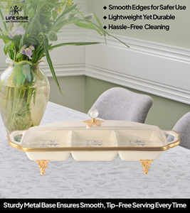 Moderno Plato de Servir de Porcelana Blanca con Diseño de 3 Secciones, Borde Dorado, Tapa Transparente y Base Dorada - Product Image 5
