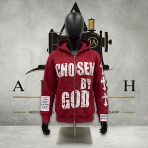 เสื้อฮู้ดซิปสีแดงสำหรับผู้ชาย พิมพ์ลายตัวอักษร Chosen By God เสื้อสวมหัวลำลองสำหรับฤดูใบไม้ร่วง - Product Image 6