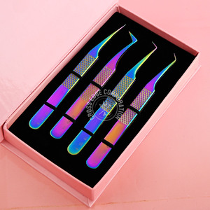 Premium 90-degree Rainbow Lash Tweezers Doted Grip Stainless Steel Fine X Volume Tweezer Packaging Private Label Stainless Steel - Product Image 1