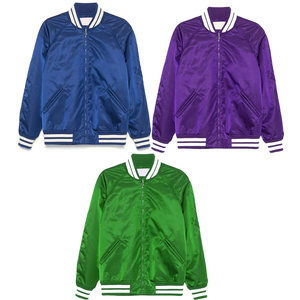 Veste de baseball en satin bleu pour homme avec bordure blanche, col rabattu, fermeture éclair, coupe classique, style preppy, veste bomber en polyester - Product Image 5