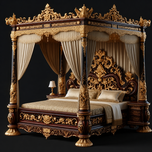 Cama King Size de Lujo Estilo Rococó Francés y Juego de Muebles, Cama con Dosel Dorado de Tallado Elaborado con Mesitas de Noche, Compre una Suite de Dormitorio con Cama de Cuatro Postes - Product Image 5