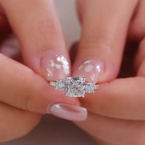 IGI Certified Three Stone <b>Cushion</b> Cut Lab Grown Diamond Engagement <b>Ring</b> Half Eternity Pave Band for Women Solid Gold <b>Ring</b> - Product Image 5