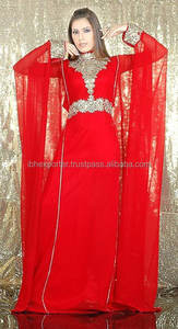 Caftán rojo completo con tela de calidad premium ligera con trabajo pesado de piedra de color plateado - Product Image 2
