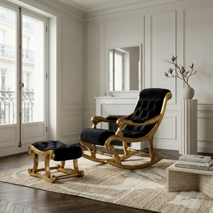 Sedia a <span class=keywords><strong>dondolo</strong></span> classica francese in legno massello trapuntata con poggiapiedi per lounge di hotel boutique, seduta d'accento personalizzata FF&E OEM ODM - Product Image 5