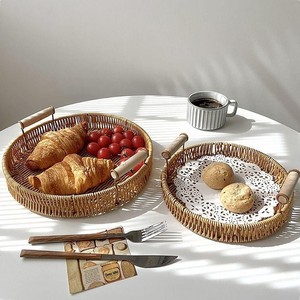 Plateau de rangement rond en rotin avec poignées, fabriqué à la main, style rustique, multi-usages, pour servir le petit-déjeuner, directement de l'usine - Product Image 4