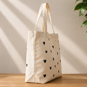 Black Heart Print Cotton Canvas Tote <b>Bag</b> Eco Friendly Cream Large Capacity Women Cute Pattern Shoulder Handbag Reusable Tote - Product Image 4