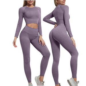 Ribbed Yoga Set Women 2 Piece High Waist Full Length <b>Leggings</b> <b>Long</b> Sleeve Crop <b>Top</b> Solid Color Gym Fitness Workout Wear - Product Image 6