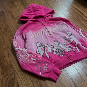 Sudadera con capucha y cremallera Snowgrace rosa tie-dye, unisex, corte crop, estilo Y2K, estampada, de felpa francesa, para invierno. - Product Image 6