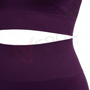 Ensemble de yoga 2 pièces pour femmes, haut court à manches longues en maille violette et leggings taille haute - Product Image 5