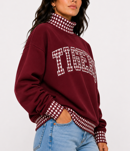Pull-over décontracté surdimensionné en coton personnalisé à col roulé et épaules tombantes pour femme, motif gingham et pois, vente en gros - Product Image 4