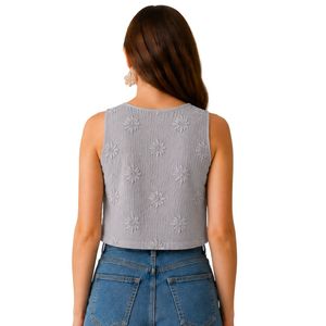 เสื้อครอปท็อปปักลายดอกไม้สีเทาอ่อนสำหรับผู้หญิง แขนกุด สไตล์ลำลอง ผ้าฝ้าย เสื้อกั๊กฤดูร้อน สกรีนโลโก้ได้ เสื้อแฟชั่นสตรีทแวร์ - Product Image 2