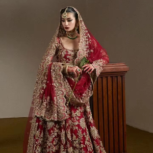 Classic Modern Pakistani Bridal Wear Floor-Length Ball Gown Rich Handcrafted Lace-Up Crystal <b>Sequined</b> Ruffles Embroidery Pearls - Product Image 1
