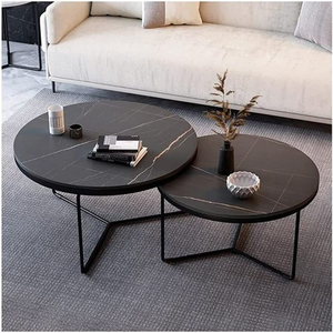 Ensemble de tables basses gigognes modernes de luxe, table centrale ronde en marbre noir avec structure métallique robuste pour le mobilier de salon - Product Image 1