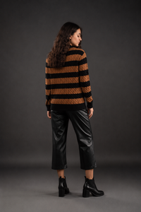 Pull en maille torsadée rayé imprimé sur le devant pour femme, col rond, manches longues, en coton et élasthanne, style décontracté coréen, collection automne - Product Image 2