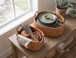Water Hyacinth Woven Storage Basket Rectangular Organizer <b>Bin</b> With Metal Handles for Home <b>Bathroom</b> Kitchen - Product Image 2