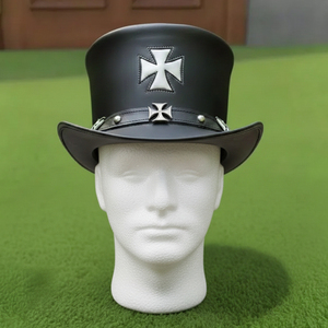 Chapeau haut de forme steampunk en cuir noir fait main de qualité supérieure, idéal pour cosplay, festival ou cadeau, style gothique motard avec croix en fer. - Product Image 2