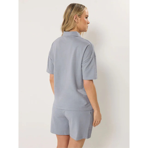 Conjunto de Top Polo de Manga Corta Tejido Azul Claro para Mujer con Pantalones Cortos, Cuello Camisero y Cierre de Cremallera, Estilo Casual - Product Image 2