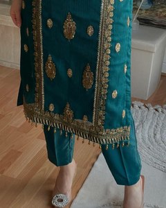 Soft Smooth Heavy Chinnon <b>Silk</b> <b>Fabric</b> Full Embroidery Sleeve Pattern Straight Cut Border Women's Salwar Kameez Dupatta Set Party - Product Image 4