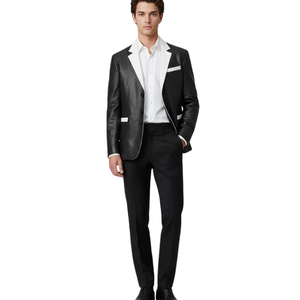 Blazer de Cuero Genuino Negro para Hombre, Solapa de Pico, Cierre de un Botón, Chaqueta de Traje Formal - Product Image 6