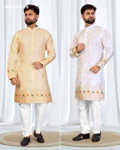 Ensemble Kurta en soie de haute qualité avec broderie jacquard et motif Daman, et pyjama en coton prêt-à-porter – Fournisseur indien en gros - Product Image 4