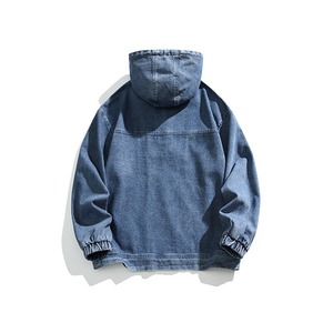 2026 Unisex Casual Blue Washed Denim Embroidered <b>Half</b> <b>Zip</b> Vintage Hooded Drawstring <b>Jacket</b> Windproof Eco-Friendly for <b>Men</b> Women - Product Image 4