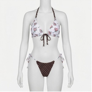 Conjunto de bikini con estampado floral y parte inferior con lazo y estampado de lunares, traje de baño para mujer - Product Image 1