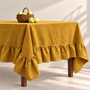 Nappe en lin faite à la main verte solide de luxe avec couverture de table à manger de ferme rustique à bord à volants - Product Image 4