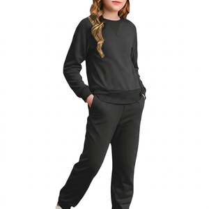 Women's <b>Pink</b> Cotton <b>Tracksuit</b> Full Sleeve Crew Neck Solid Color Casual Pants Set With Side Pockets Elastic Waist Autumn Wear - Product Image 2
