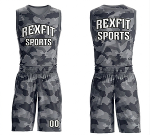 REXFIT SPORTS Ensemble de basketball unisexe, imprimé camouflage, sans manches, col en V, polyester respirant, uniforme adulte, toutes saisons - Product Image 1