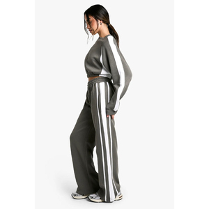 Ensemble de survêtement deux pièces gris pour femme, motif uni, manches longues, à capuche, coupe régulière, décontracté, sportswear, automne, hip-hop, respirant - Product Image 4