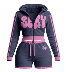 Custom Unisex Streetwear Cotton Patchwork Zip Hoodie & Side Stripe Shorts Two-Piece Winter Velour Sportswear <b>Tracksuit</b> - Product Image 4