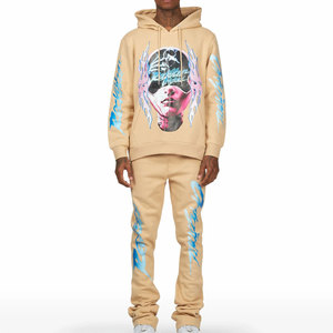 ชุดวอร์มผ้าฟลีซคอตตอน 100% พิมพ์ลายตามสั่ง กางเกงขาบาน เสื้อฮู้ดแบบสวม ชุดวอร์ม 2 ชิ้น สไตล์สตรีทสำหรับผู้ชาย ชุดกางเกงขายาวทรงเข้ารูป - Product Image 1