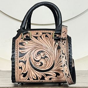 Conjunto de 2 piezas de bolso de cuero genuino hecho a mano con diseño floral vintage y cremallera para mujer, estilo bandolera - Súper Septiembre - Product Image 4