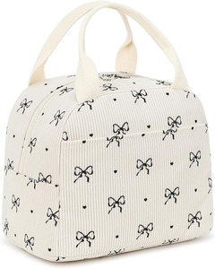 Sac à déjeuner compact noir pour filles et femmes, sac fourre-tout isotherme réutilisable en toile à pois pour le travail et l'école - Product Image 6