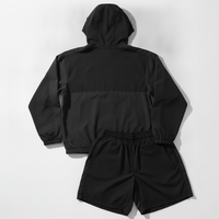 Conjunto de Chaqueta Cortavientos con Capucha Negra y Pantalones Cortos para Hombre, Diseño Personalizado, Bloques de Color en la Parte Delantera, Estilo Casual, Secado Rápido, Tejido de Poliéster, Otoño