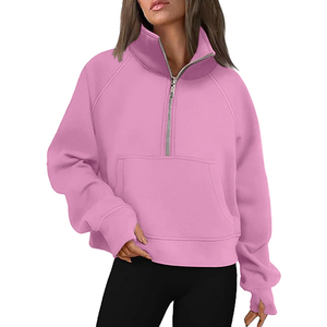 Sweat-shirt à capuche court oversize pour femme, à demi-zip, à manches longues, doublé, pour l'hiver et l'automne - Product Image 5