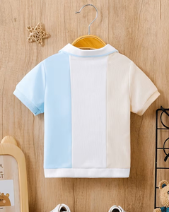 White and Light Blue Breathable Short Sleeve Polo Shirt for Boys Casual Knitted Polyester/Cotton Jersey Floral Pattern - Product Image 2