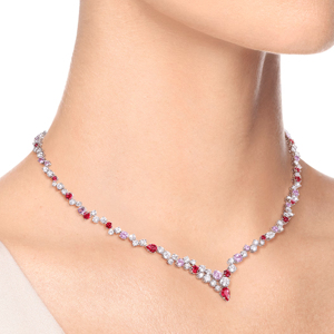Luxury Women's 18K Gold <b>Ruby</b> Choker <b>Necklace</b> With Round Brilliant Cut Diamonds Flower Design Rhodium Plated - Product Image 3